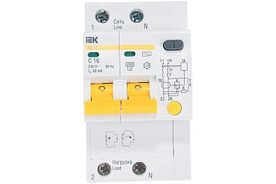 Выключатель автоматический дифференциального тока 2п C 16А 30мА тип AC 4.5кА АД-12 ИЭК MAD10-2-016-C-030