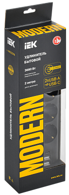 Удлинитель  3гн. 2м. З/К USBх3 "ИЭК" черный MODERN (WYP12-16-03-02-ZKU-K02)